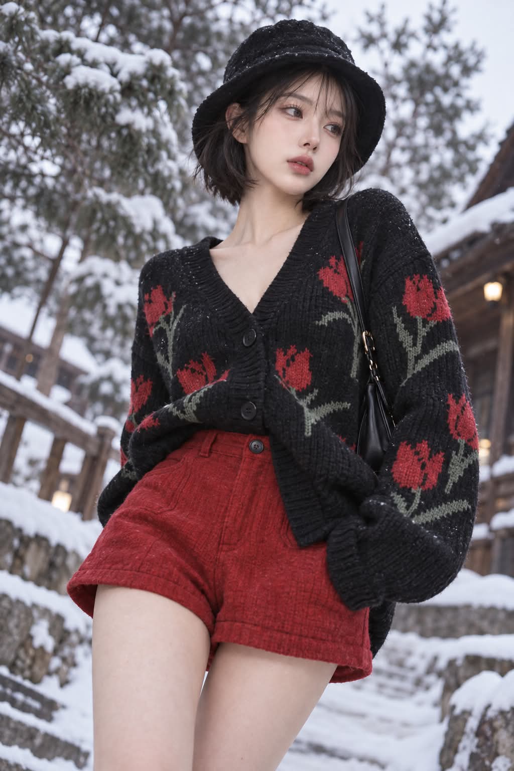 East Asian Woman in a Tulip Cardigan, Winter Editorial