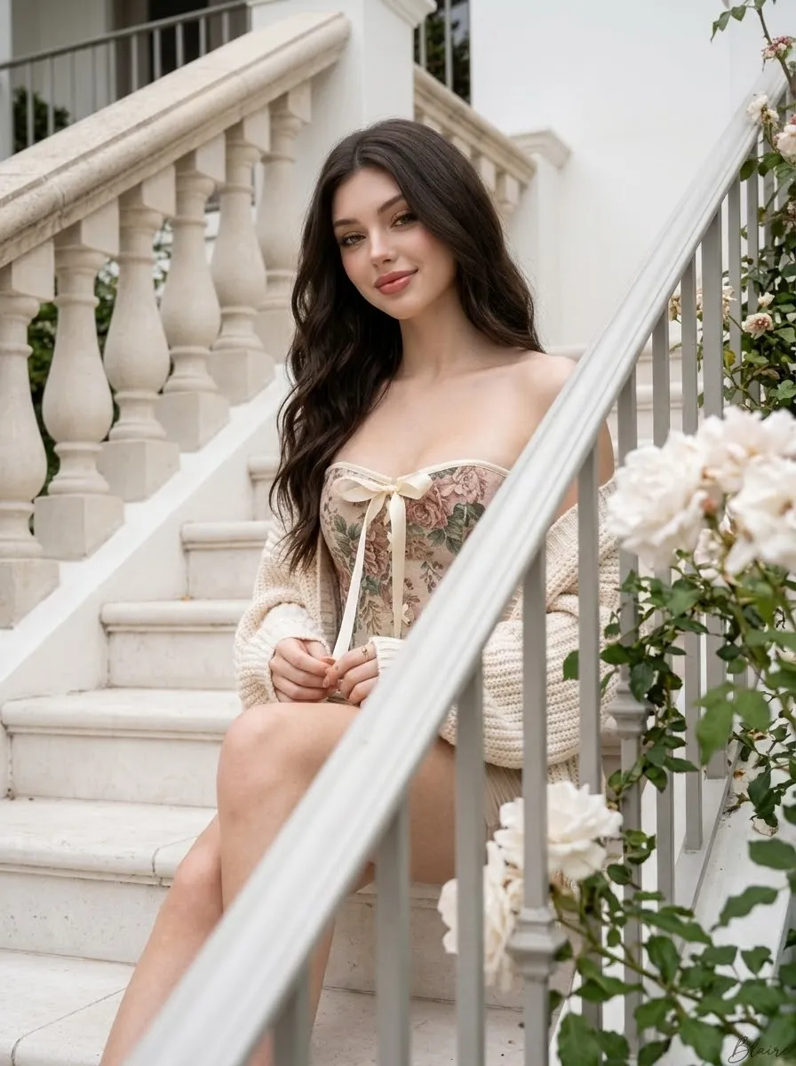 Vintage Floral Corset Portrait on White Stone Steps output 2