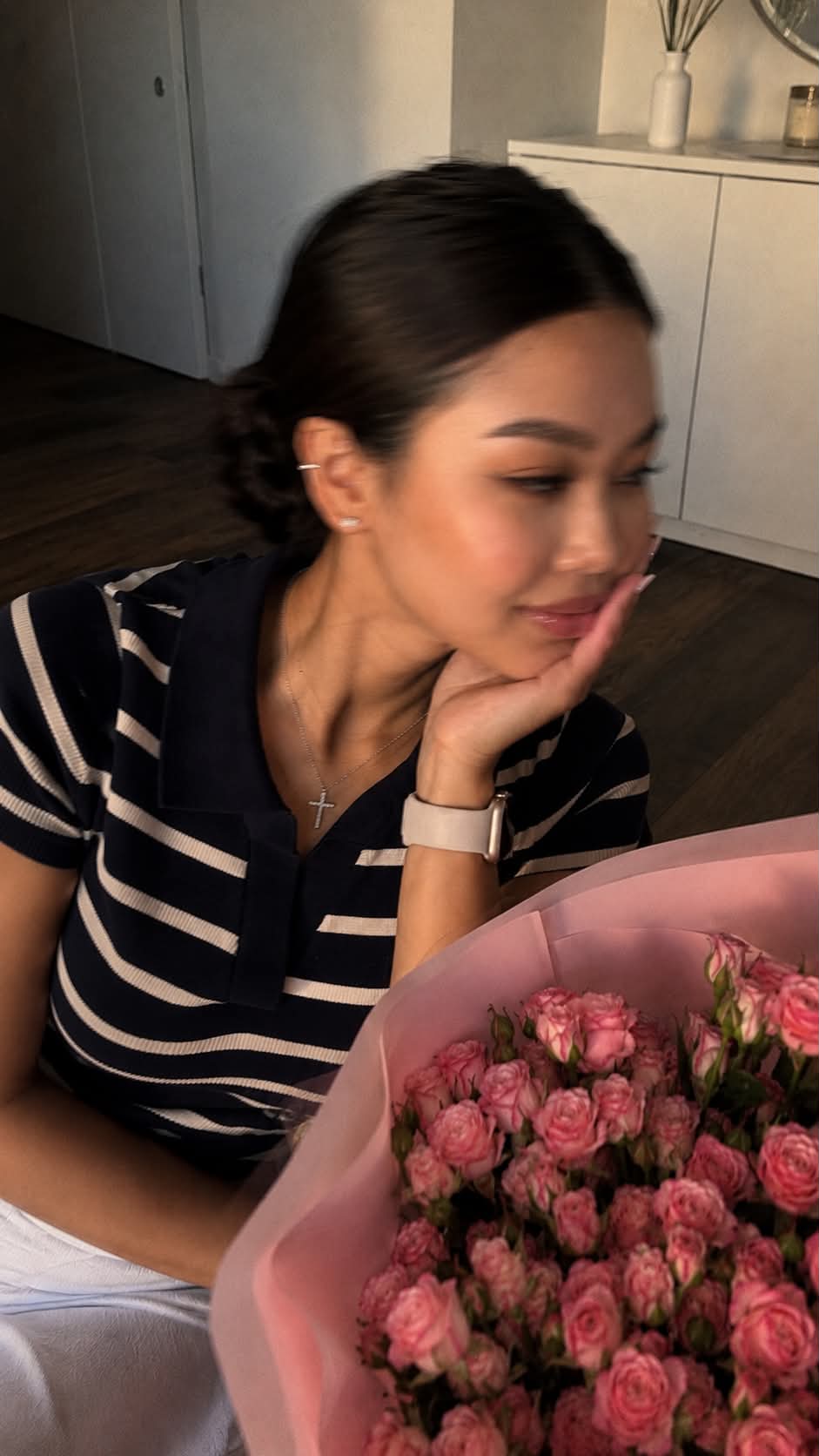 Candid Golden-Hour Portrait with Pink Roses output 1
