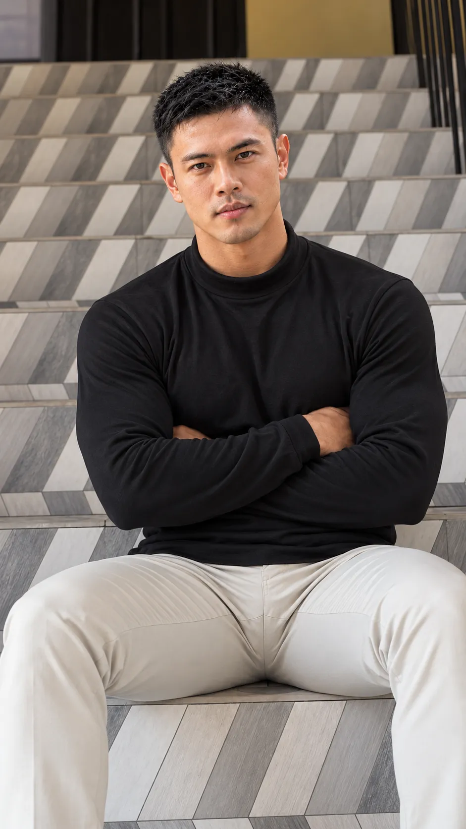 Photorealistic Portrait of a Young Southeast Asian Man on Stairs