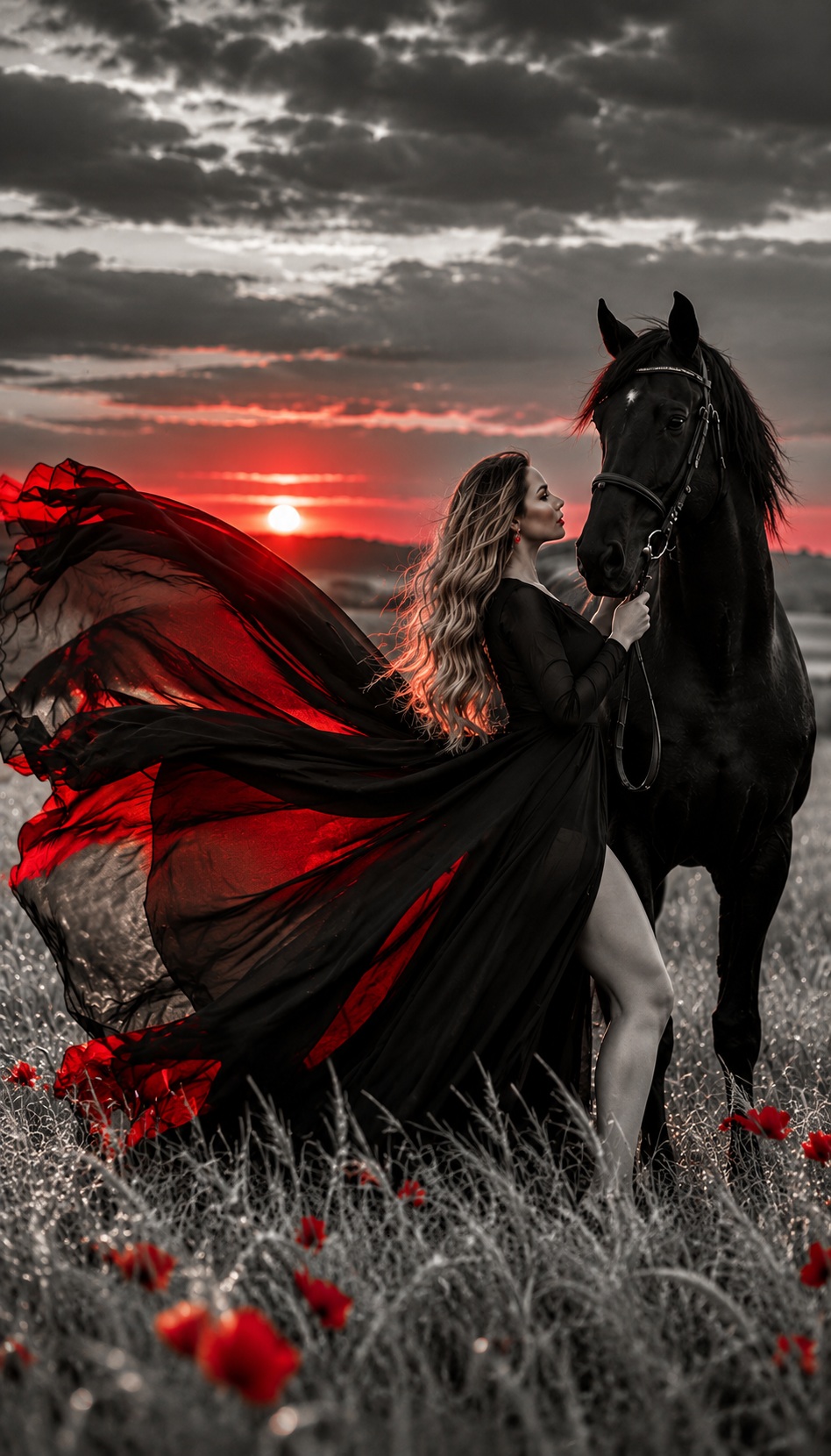 Black-and-Red Fashion Editorial with a Horse
