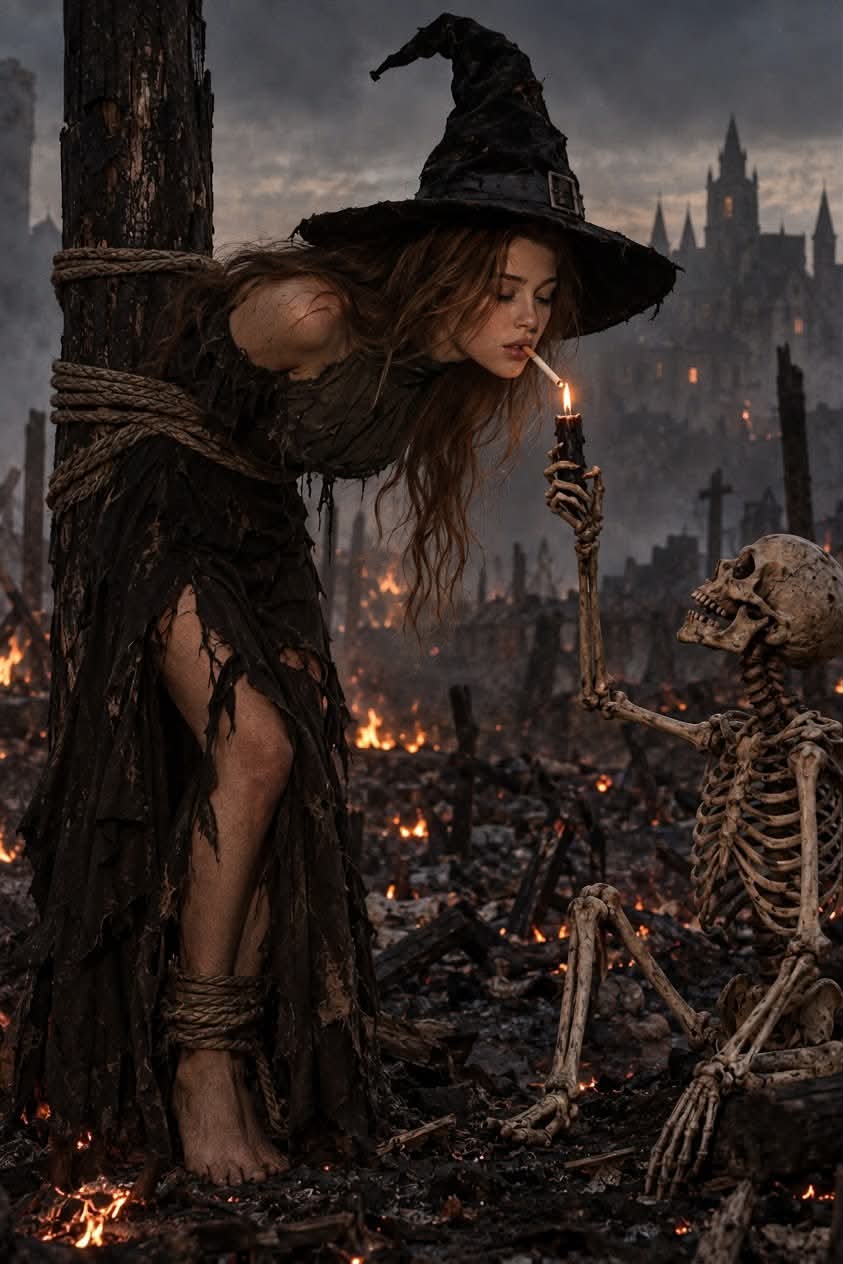 Photorealistic Gothic Witch and Skeleton at Dusk