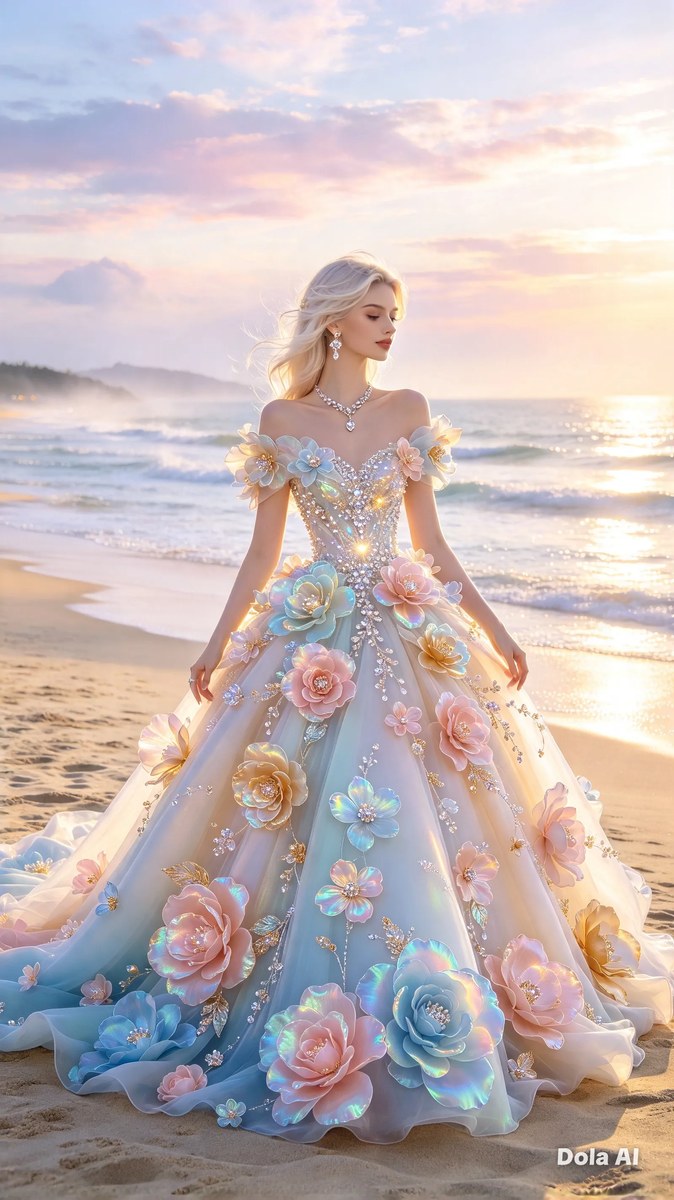 Iridescent Blossom Gown on a Dawn Beach output 2