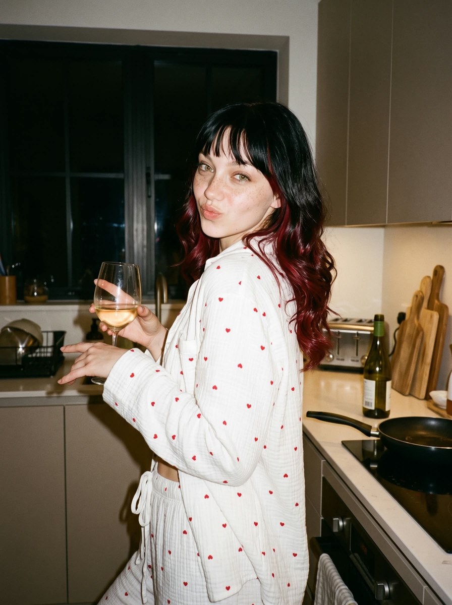 Vintage Kitchen Portrait with Wine and Heart-Print Pajamas