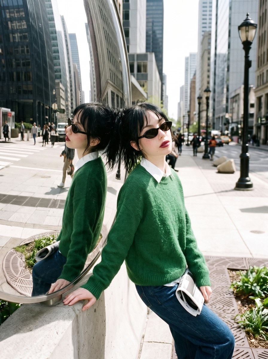 Street-Style Portrait Beside a Curved Mirror output 5