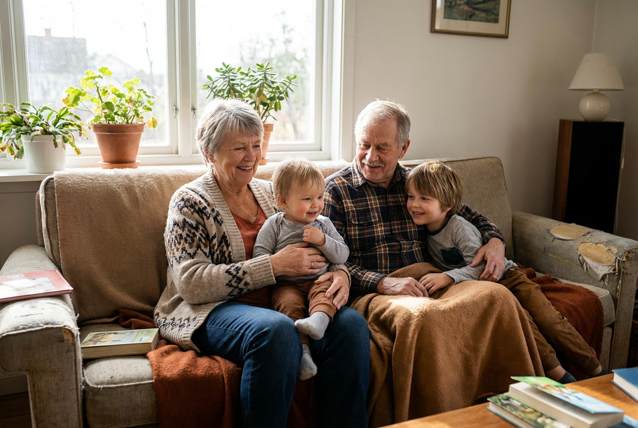 Generate a Cozy Grandparents and Grandchildren Family Photo