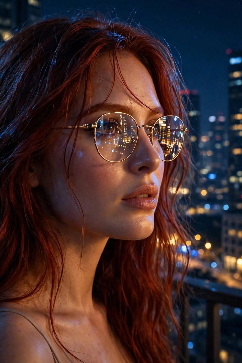 Cinematic Nighttime City Portrait with Golden Glasses