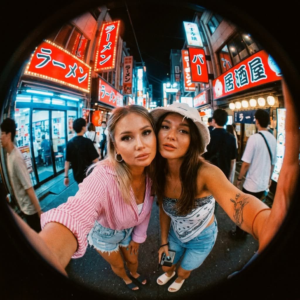 Neon Night Fisheye Couple Selfie