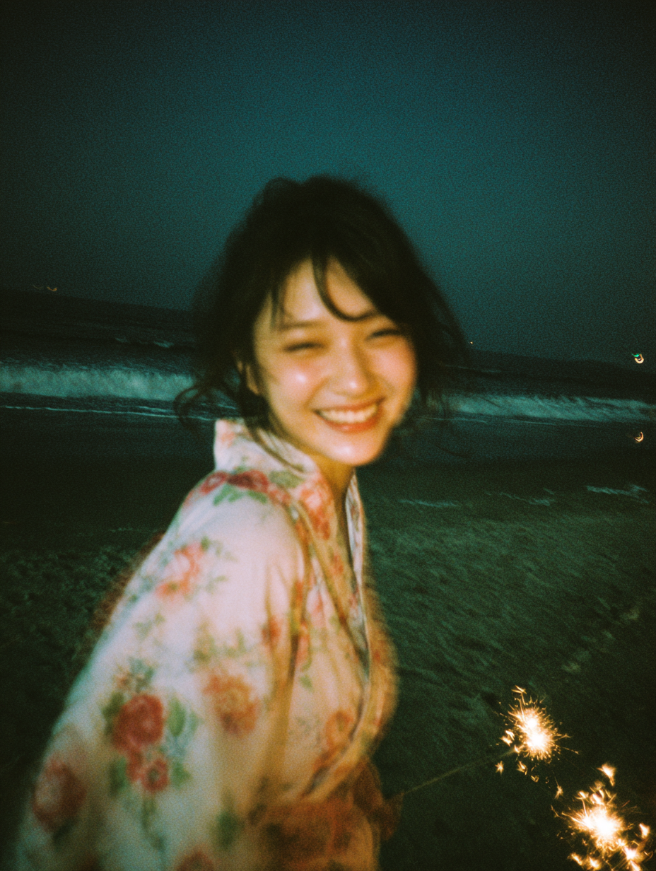 Create a Blurry Film-Style Portrait of a Japanese Girl at a Beach