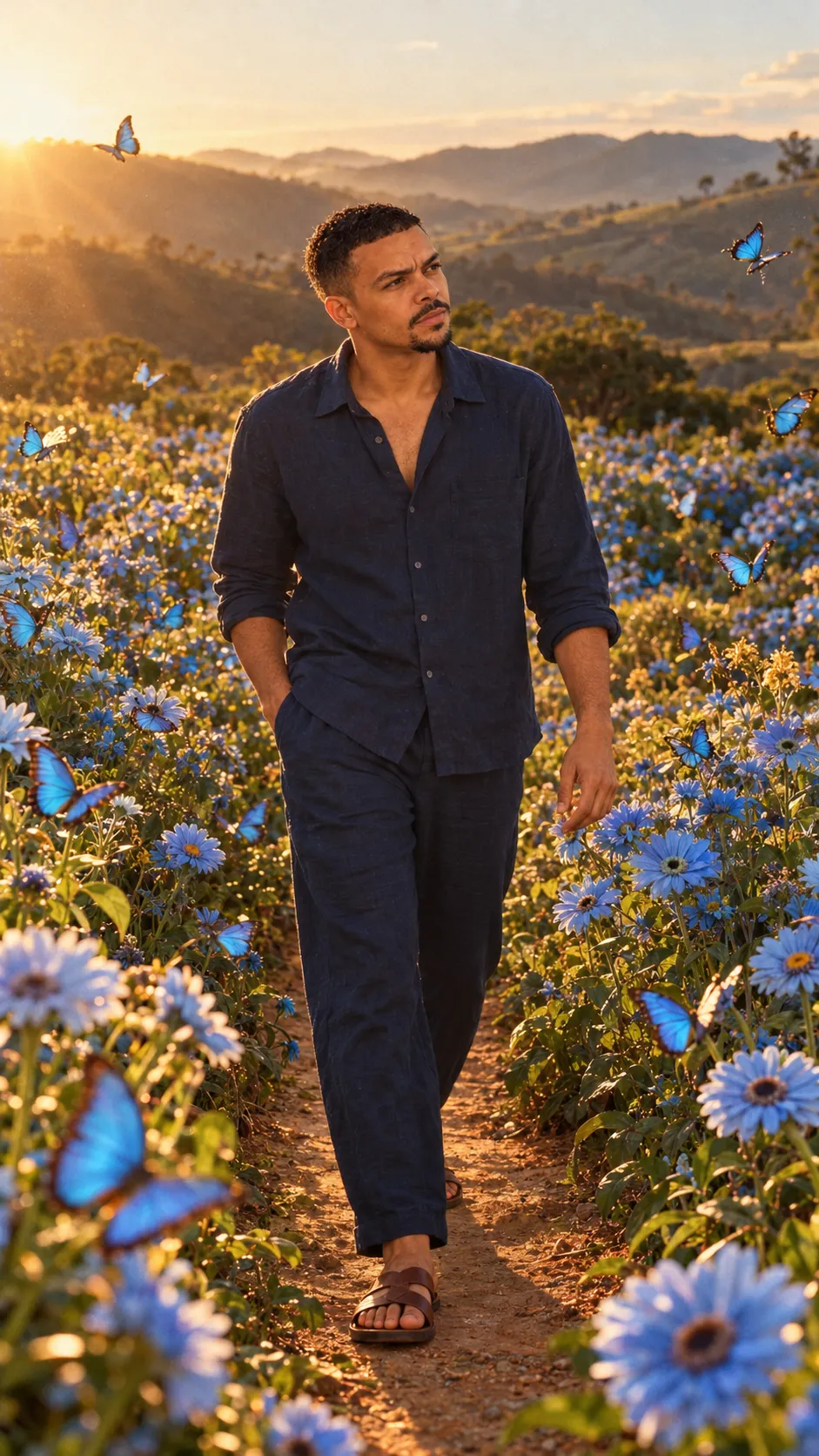 Blue Garden Editorial Portrait at Golden Hour