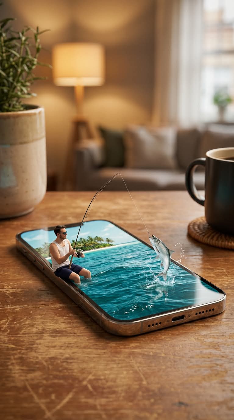 Tiny Fisherman on a Smartphone Ocean