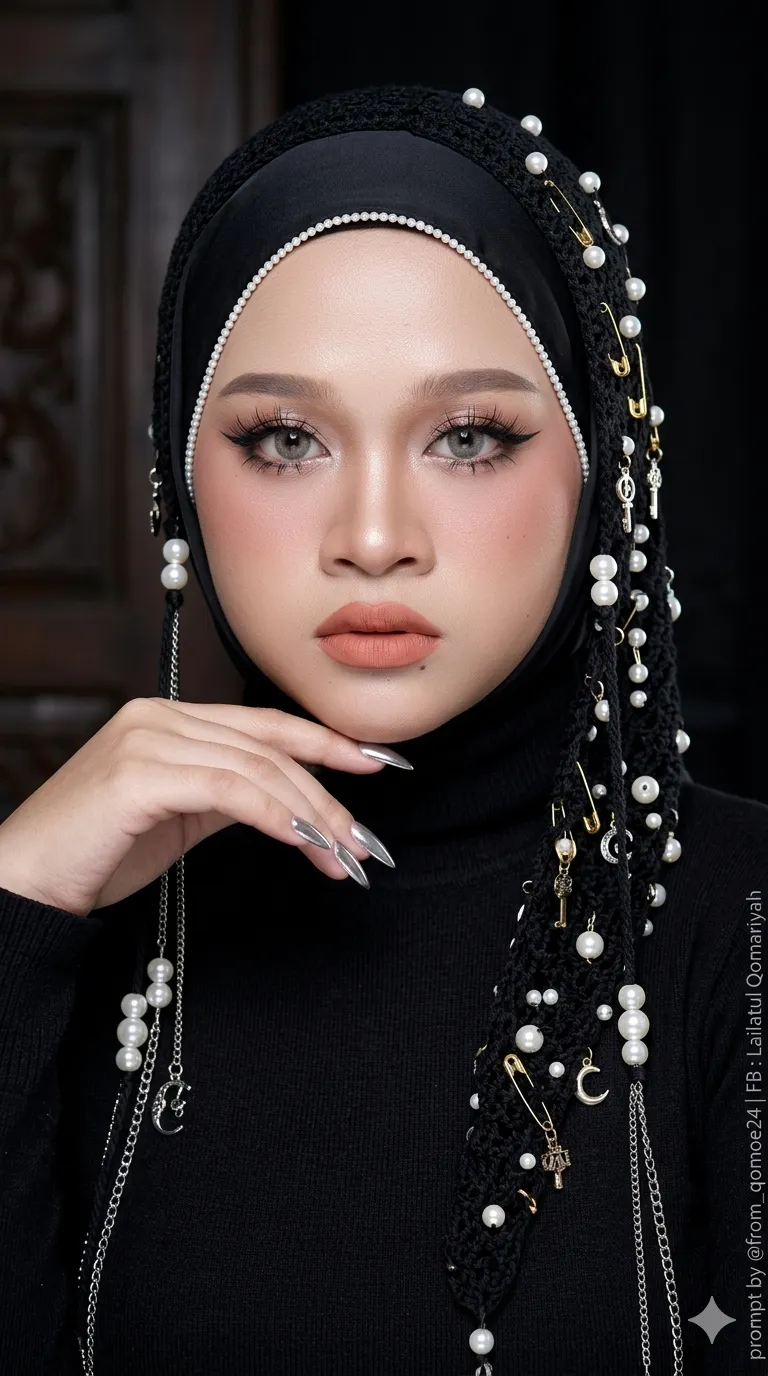 Dramatic Black Hijab Close-Up with Pearl Accessories