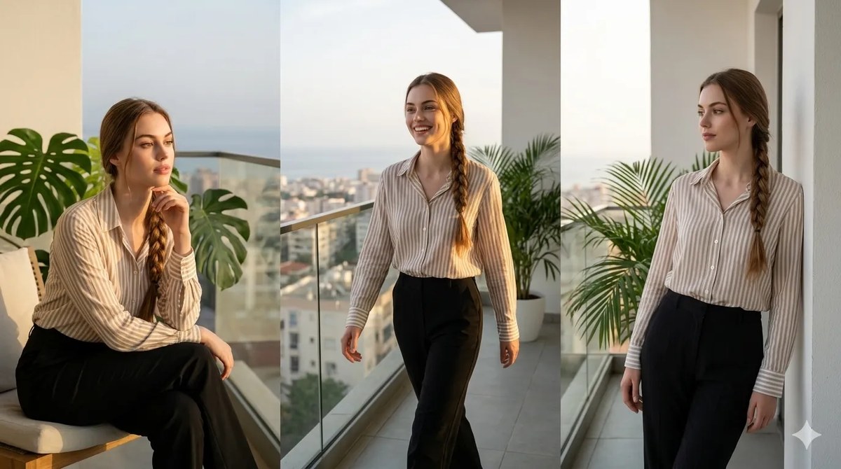 Golden-Hour Balcony Portrait Triptych output 1
