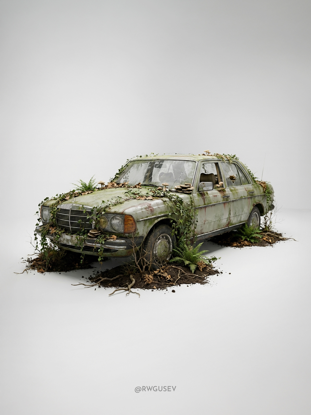 Nature Reclaims a Weathered Car — Hyperrealistic Poster output 5