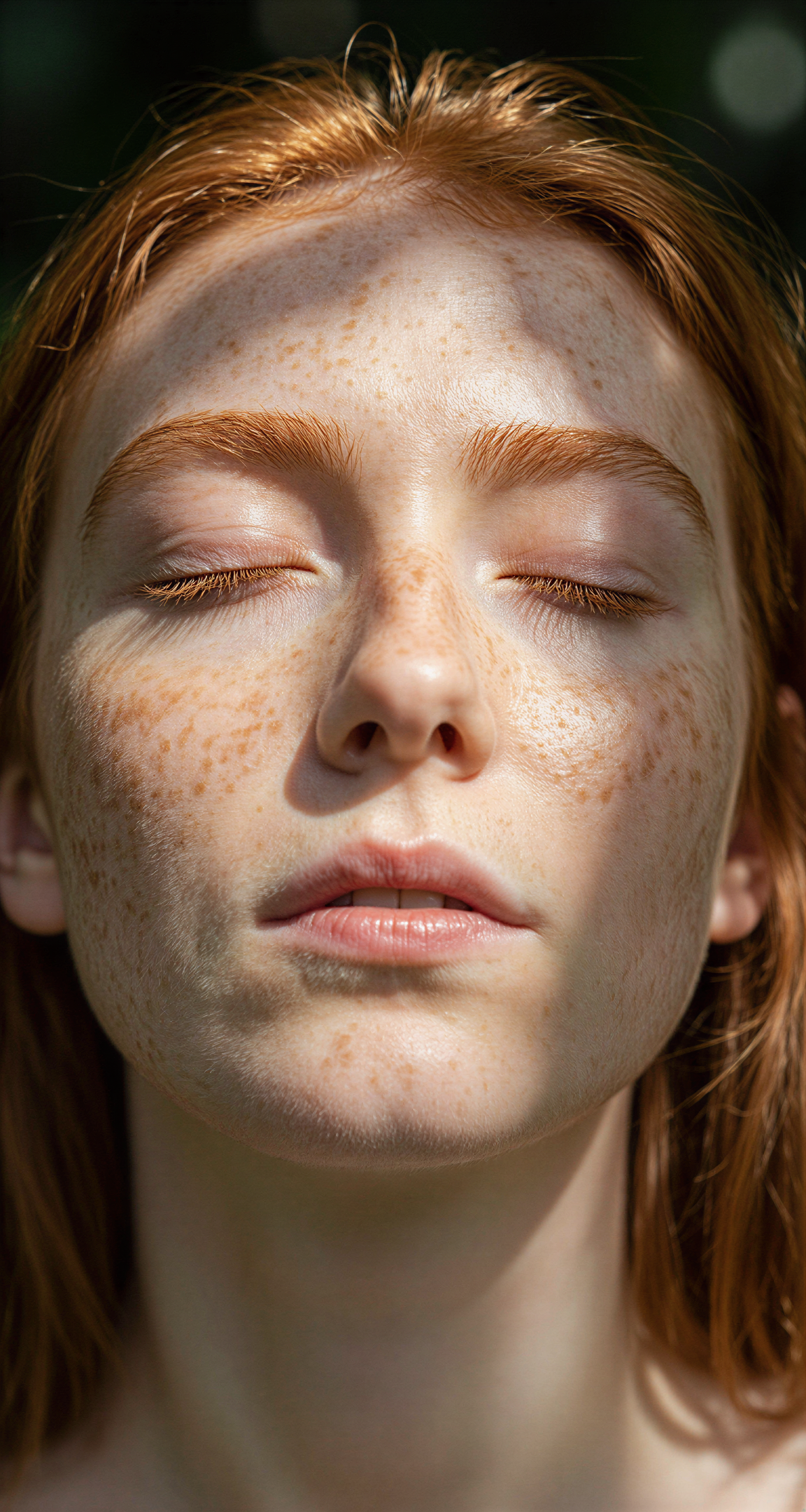 Dappled-Sunlight Close-Up Portrait of a Red-Haired Woman