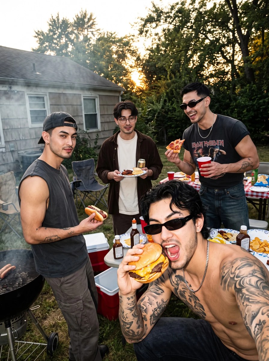 Four of Me at a Frat-House BBQ output 1