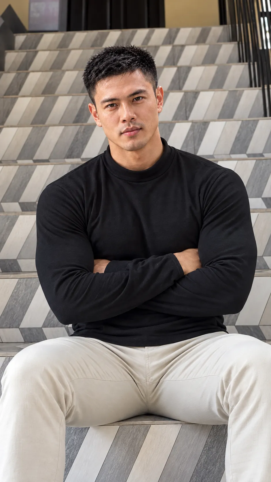 Photorealistic Portrait of a Young Southeast Asian Man on Stairs output 2