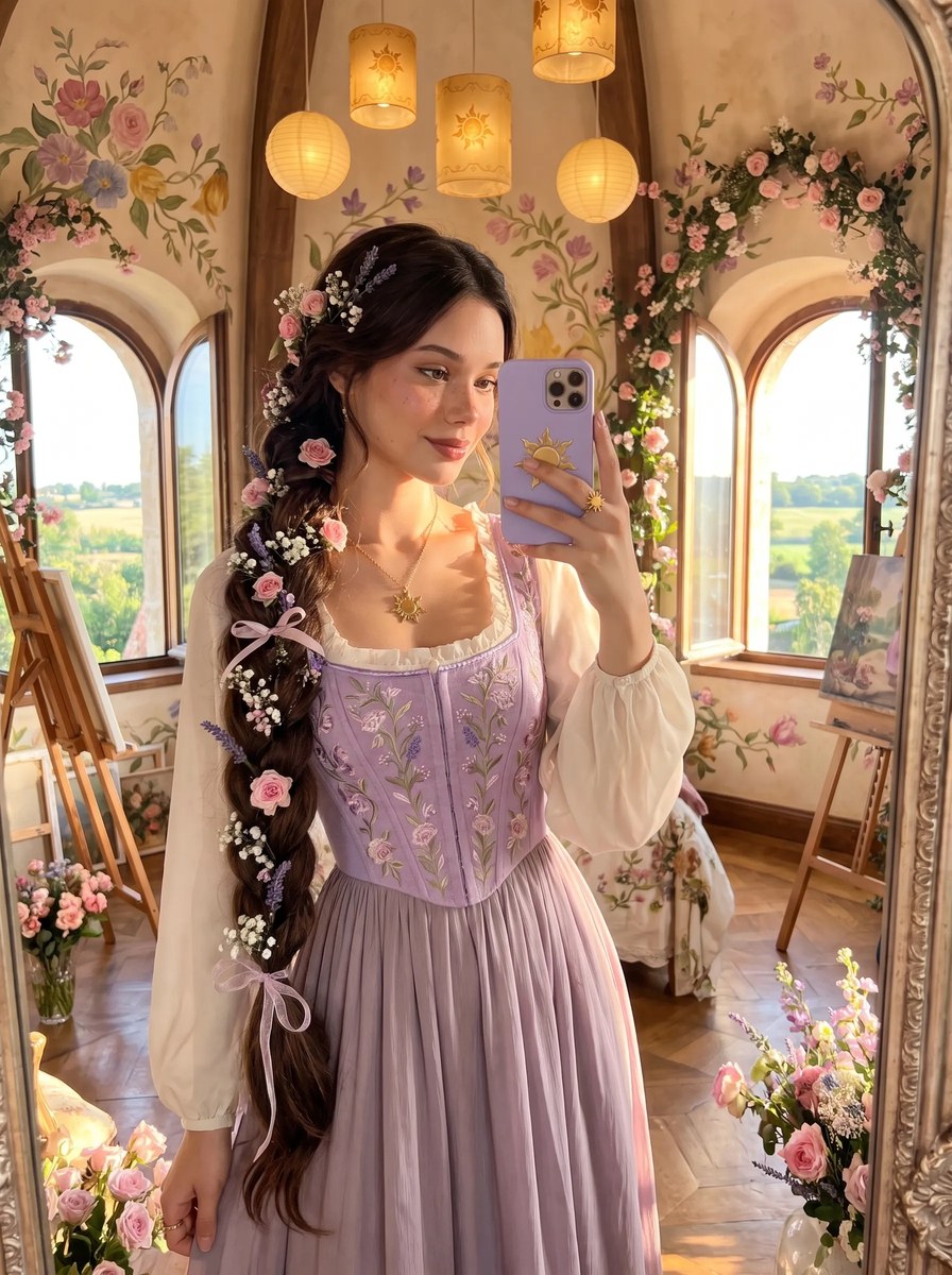 Rapunzel-Inspired Floral Braid Mirror Selfie