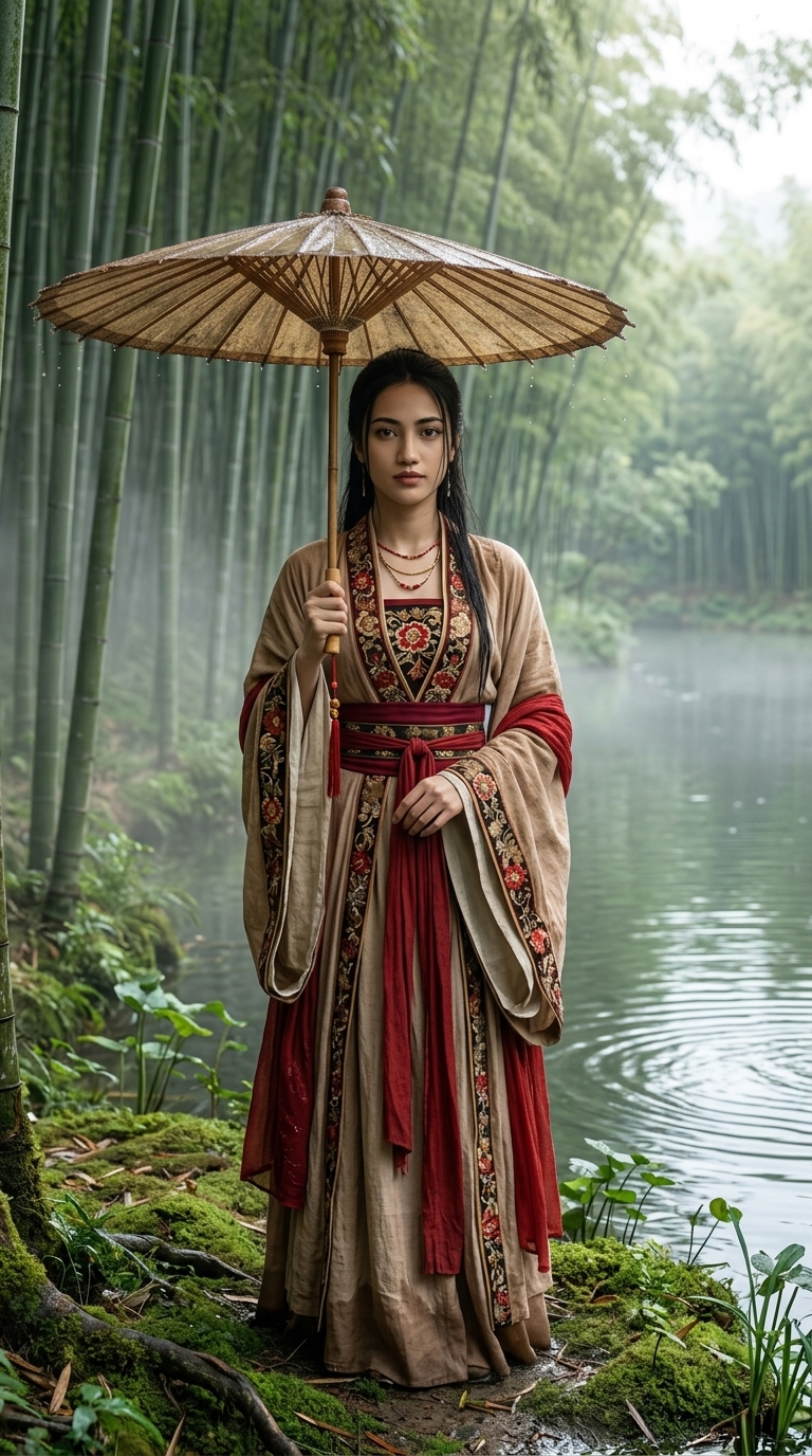 Mature Woman with a Straw Umbrella in a Misty Bamboo Forest output 2