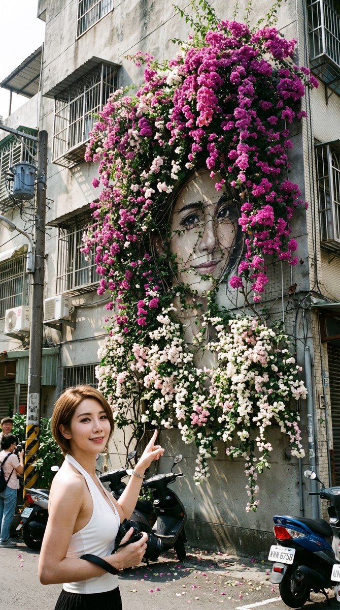 Woman Posing Before a Giant Bougainvillea Portrait Wall