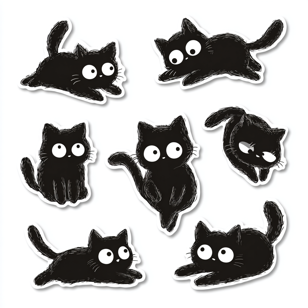 Minimalist Black Cat Sticker Set Illustration