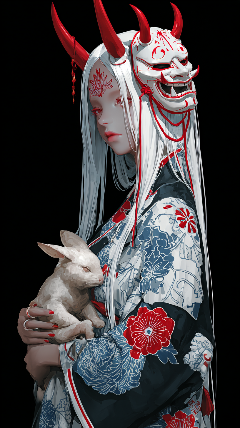 Anime-Inspired Horned Woman in a Patterned Kimono
