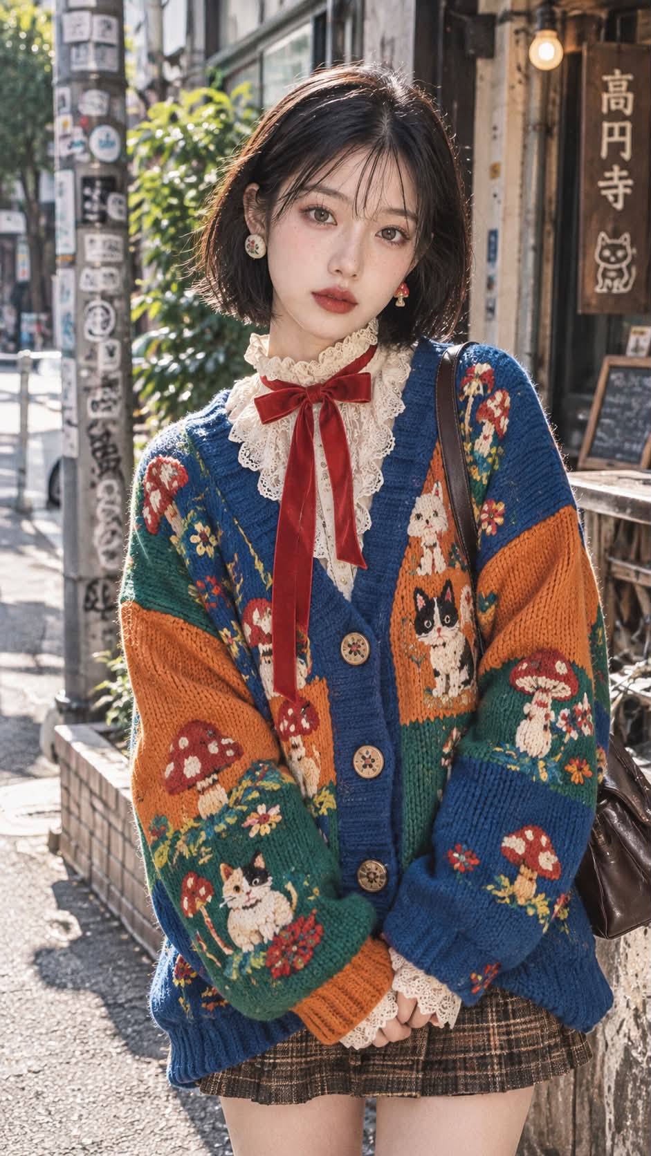 Koenji Street Portrait in an Embroidered Vintage Cardigan