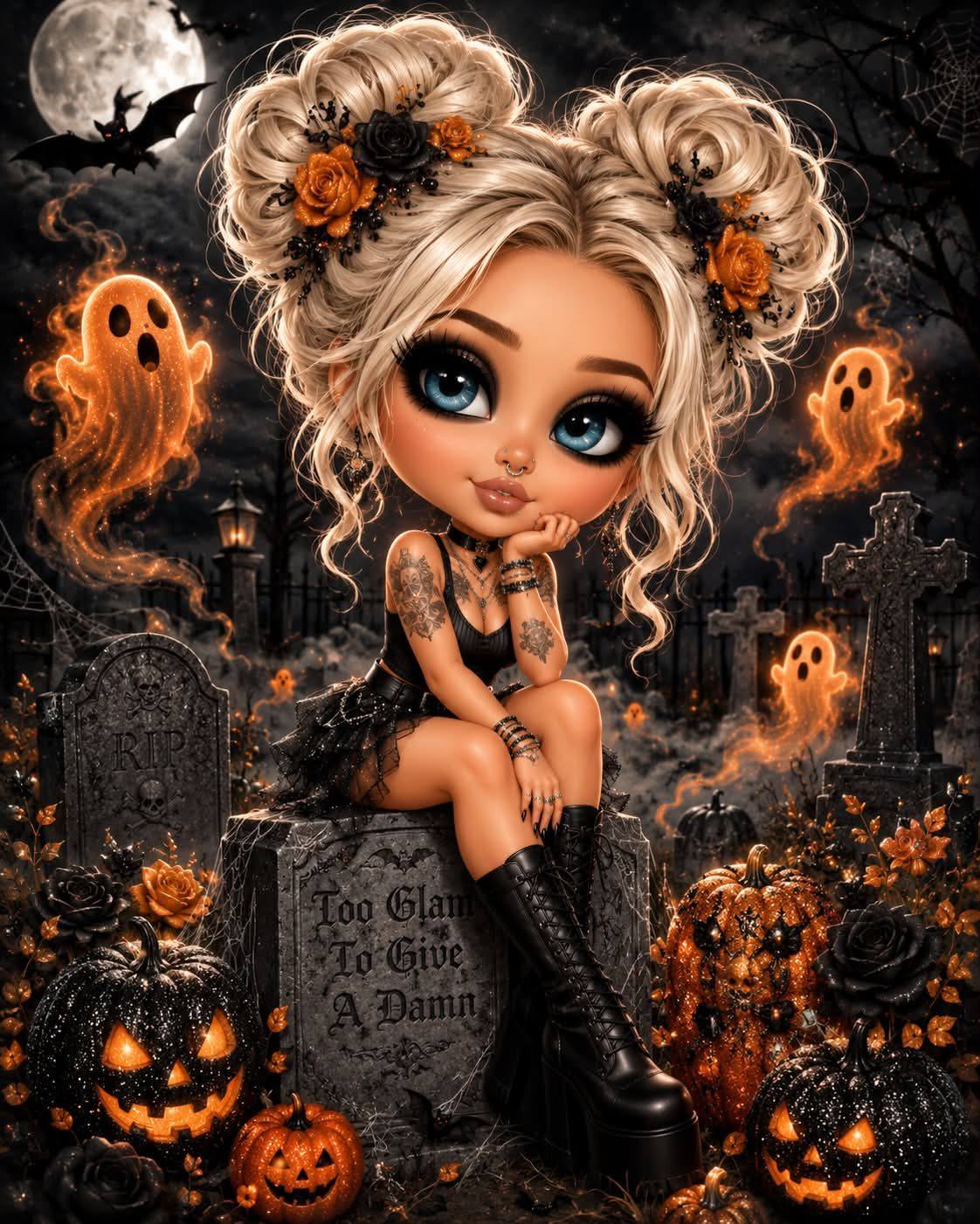 Glamorous Halloween Chibi in a Spooky Cemetery output 1