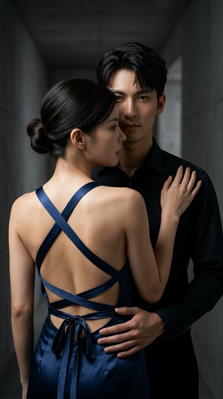 Cinematic Midnight-Blue Satin Couple Portrait