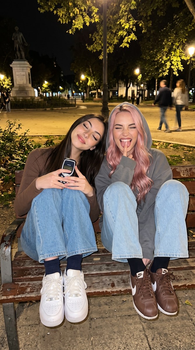 Two Friends on a Park Bench at Night