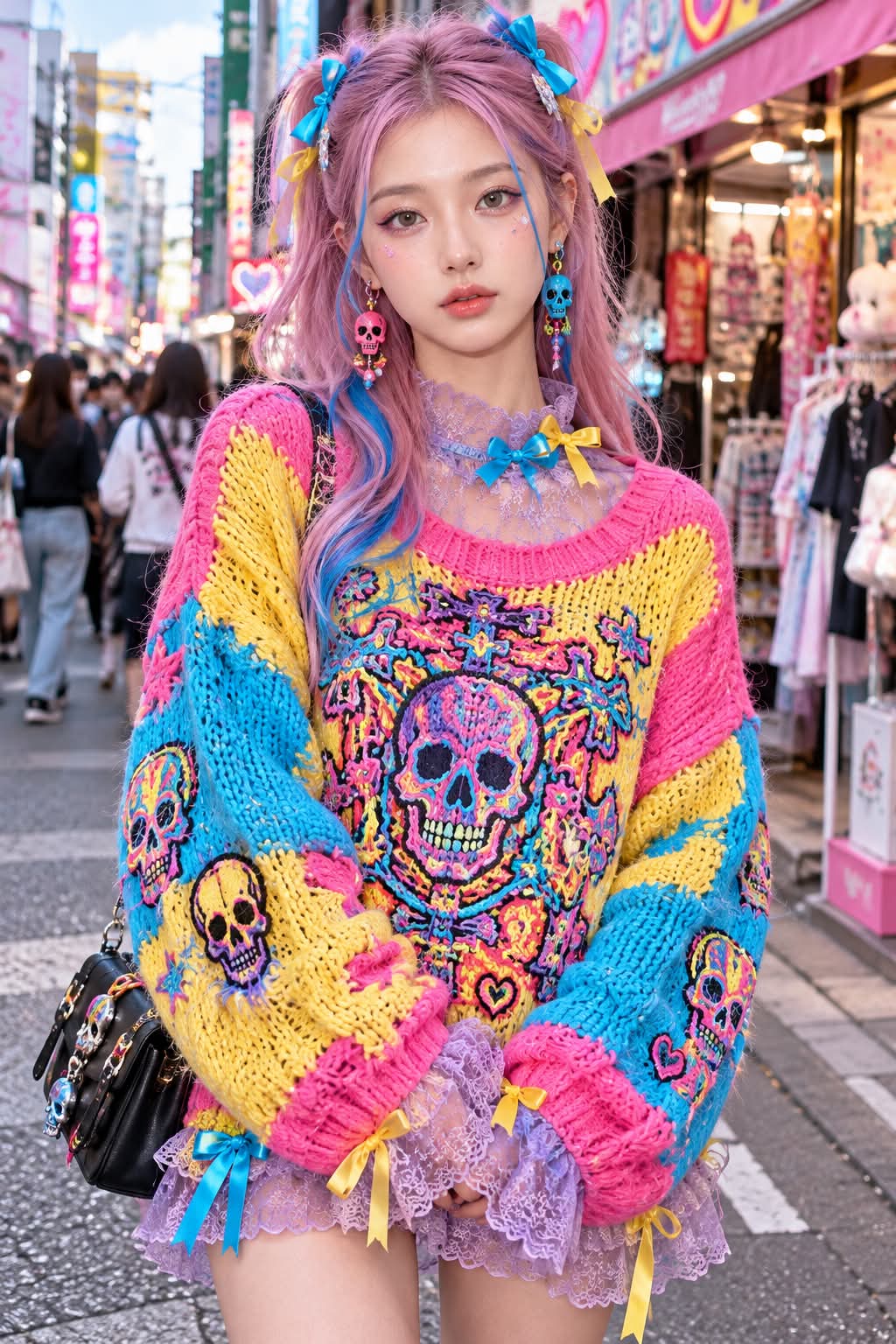 Color-Blocked Skull-Embroidered Harajuku Street Portrait