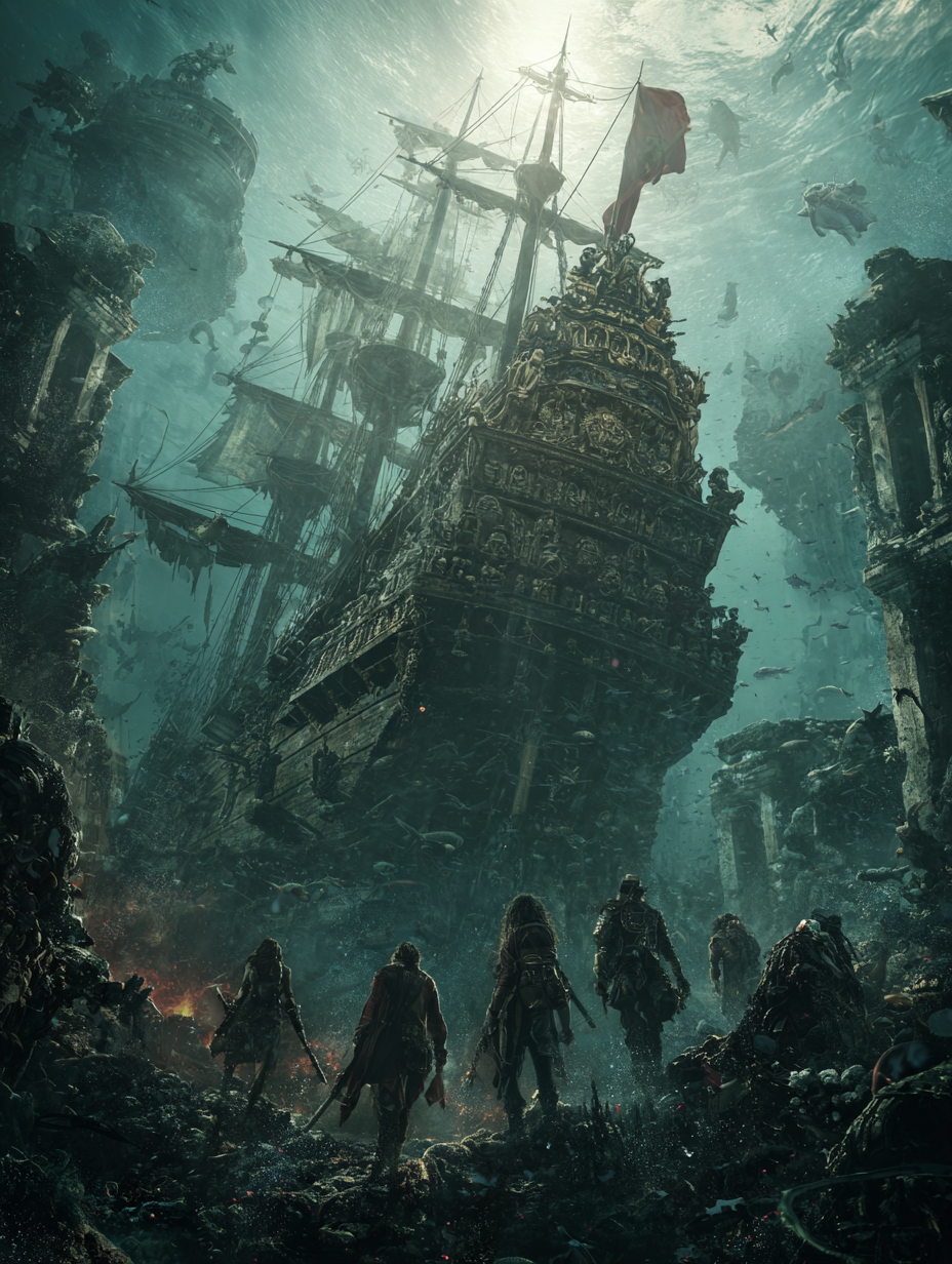 Epic Fantasy Pirate Film Poster with an Underwater Galleon View