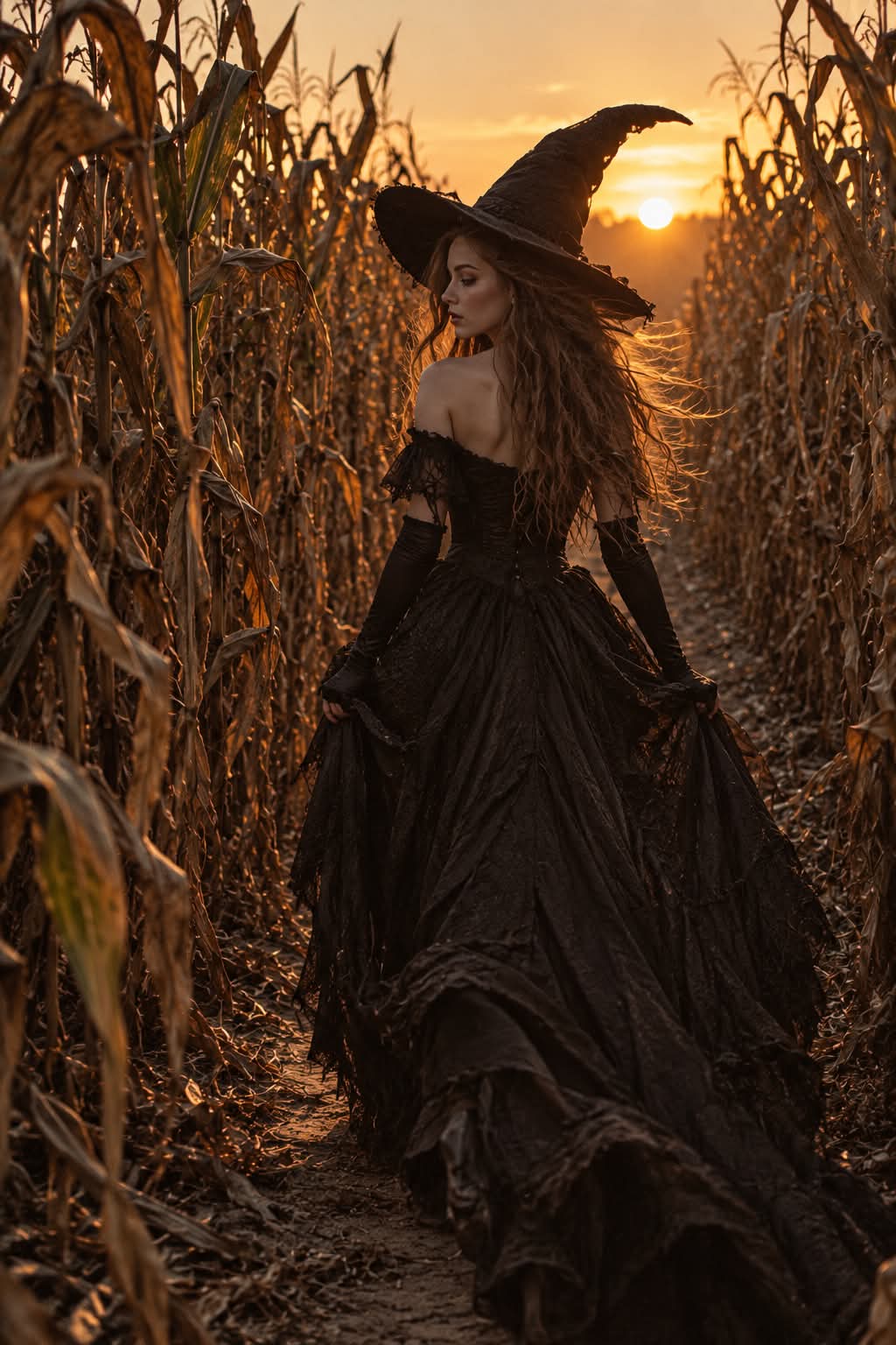 Cinematic Witch in an Autumn Cornfield