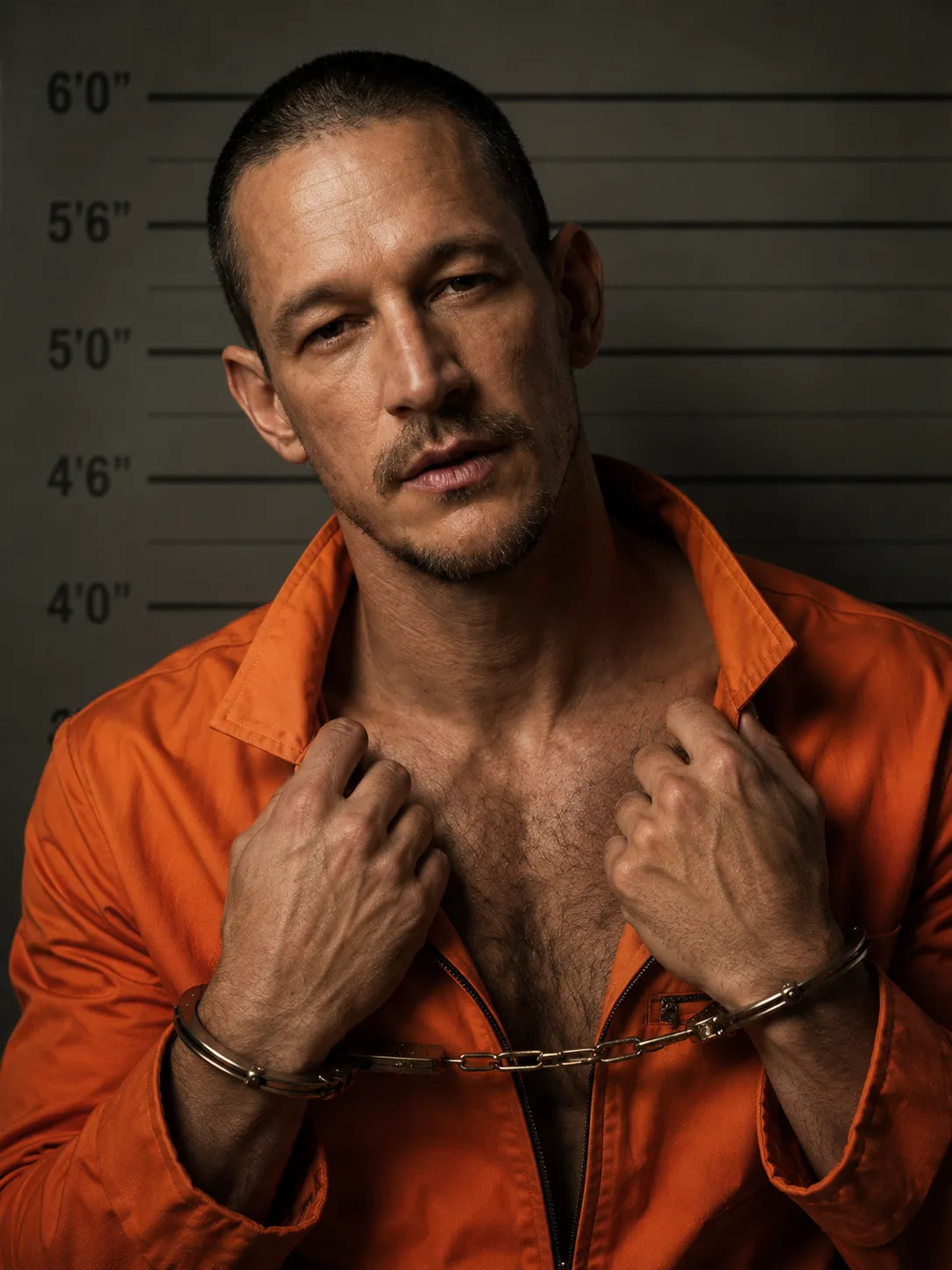 Cinematic Orange-Jumpsuit Fashion Mugshot Portrait