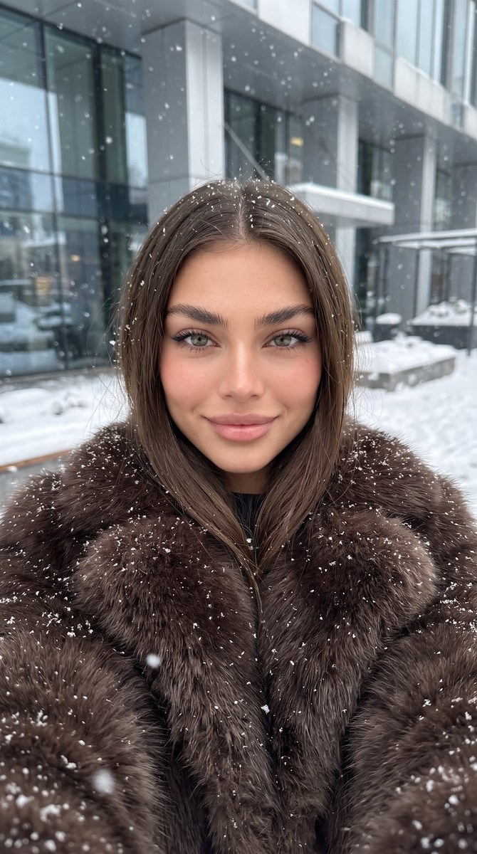 Snowy Outdoor Selfie in a Fluffy Fur Coat output 2