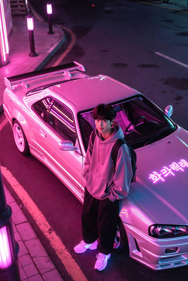 Photorealistic Neon Seoul Street-Racing Scene with a Nissan Skyline R34