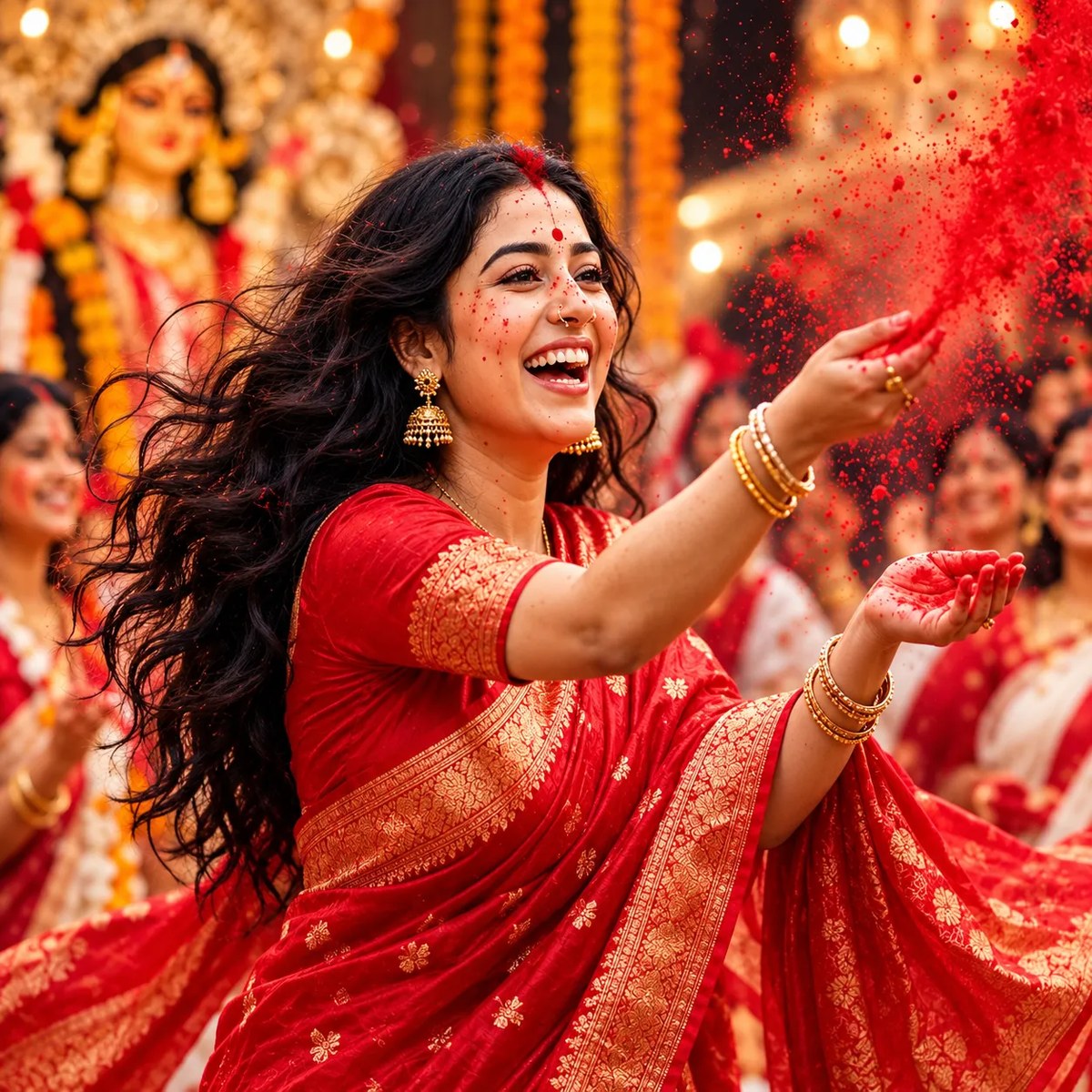 Joyful Woman Throwing Gulal at Durga Puja