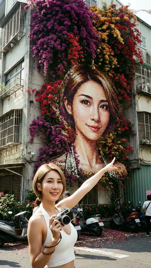 Tracking Video of a Woman and a Giant Floral Portrait
