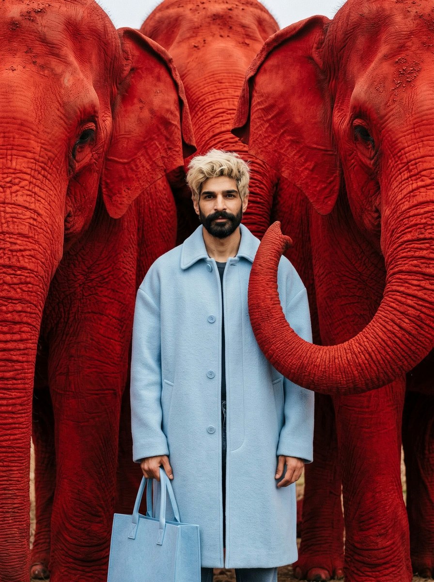 Pastel Blue Fashion Editorial with Scarlet Elephants output 1