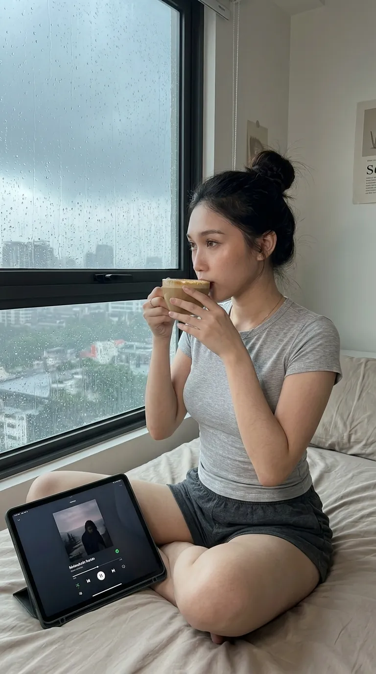 Rainy Bedroom Coffee Portrait with Spotify output 4