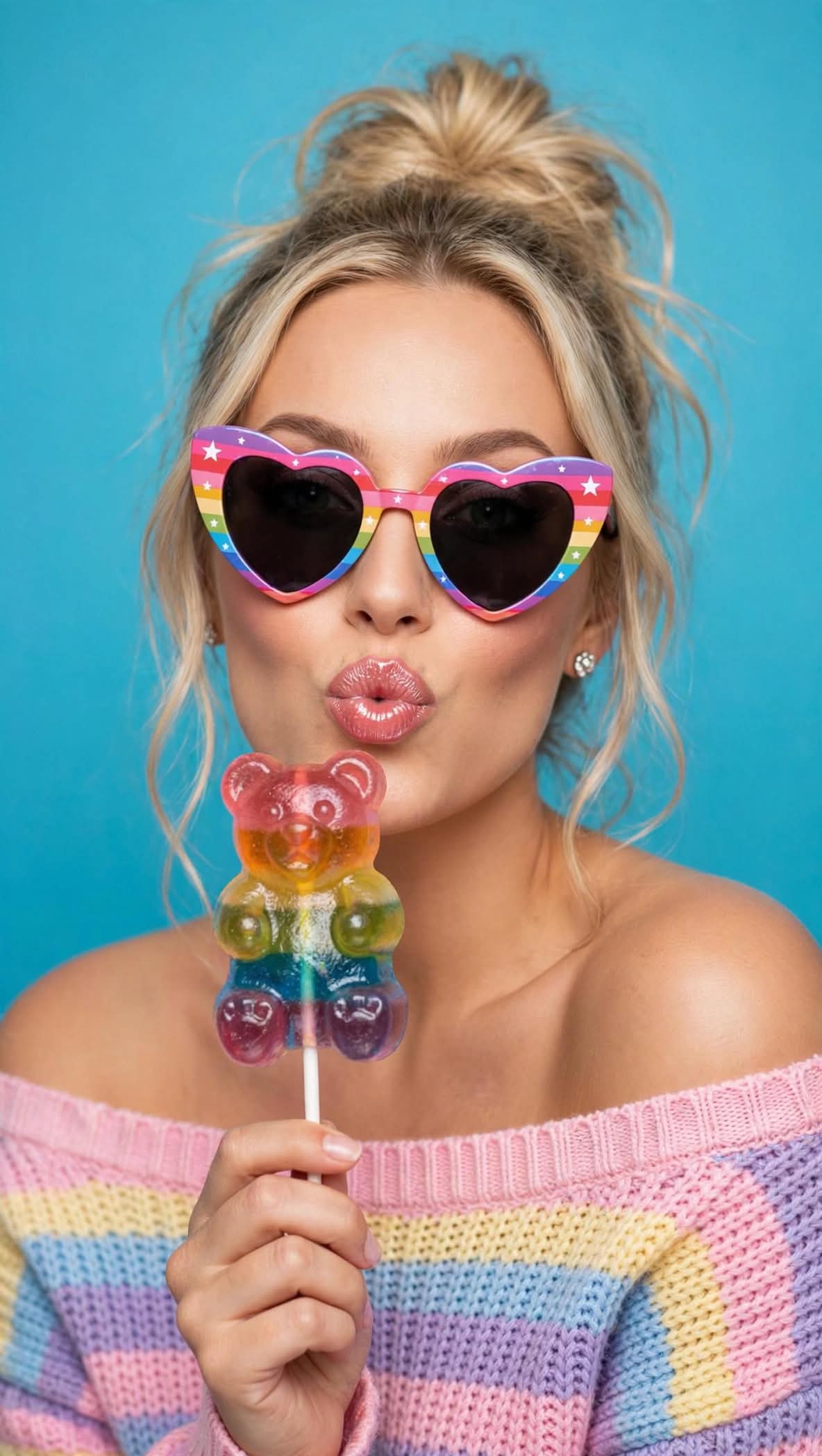 Colorful Pop Portrait with Rainbow Heart Sunglasses