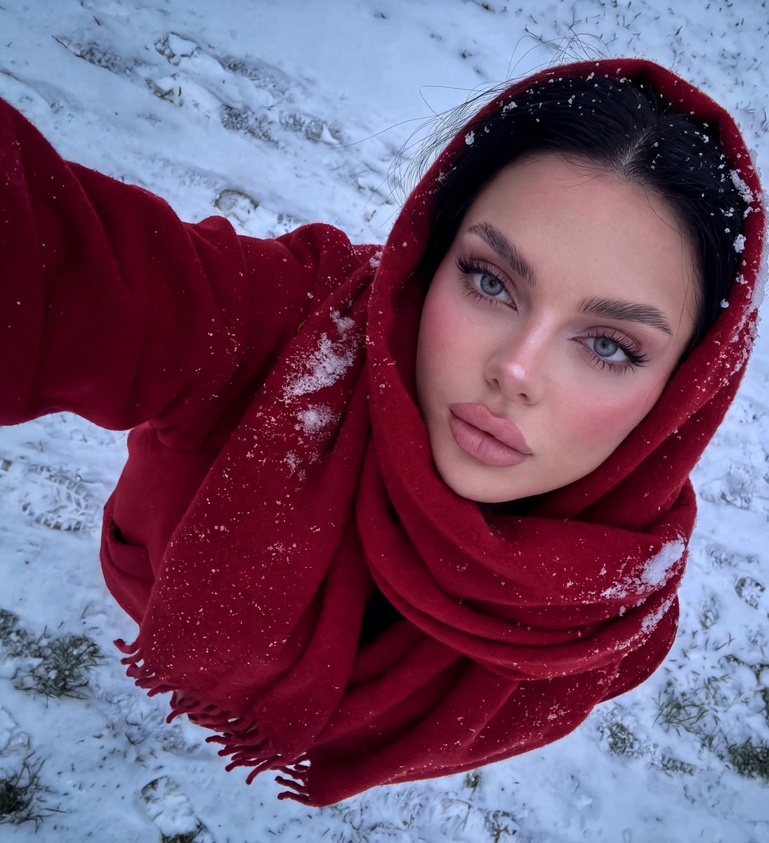 Overhead Winter Selfie in a Red Scarf output 1