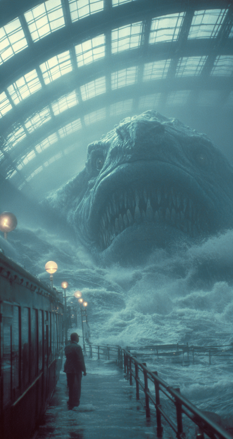 Cinematic Sea Creature Attack Near an Underwater Train Station