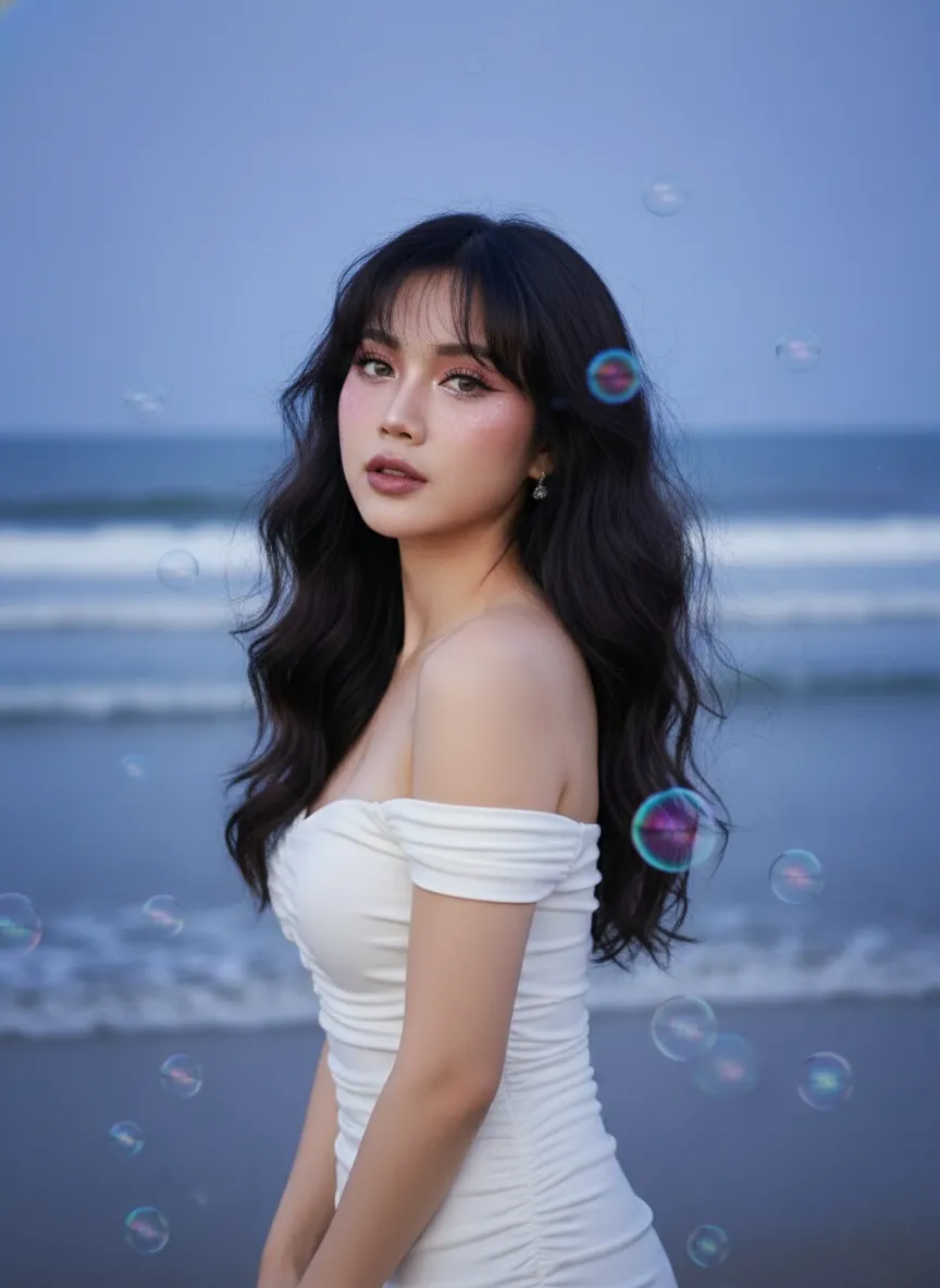 Blue-Hour Beach Portrait with Soap Bubbles