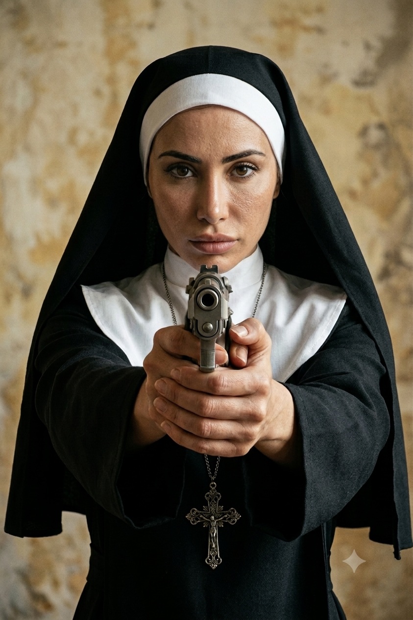 Cinematic Portrait of a Nun with a Beretta output 2