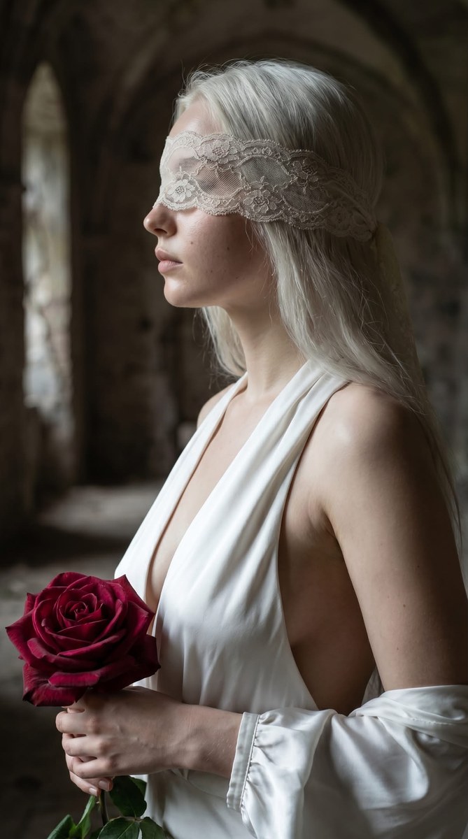 Cinematic Profile Portrait with Vintage Lace Blindfold output 2
