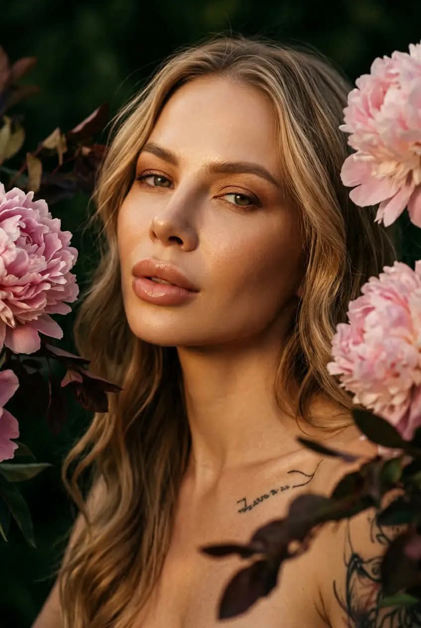 Peonies and Warm Light Beauty Portrait