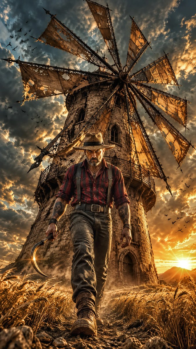 Man with a Sickle Beneath a Gothic Windmill output 1