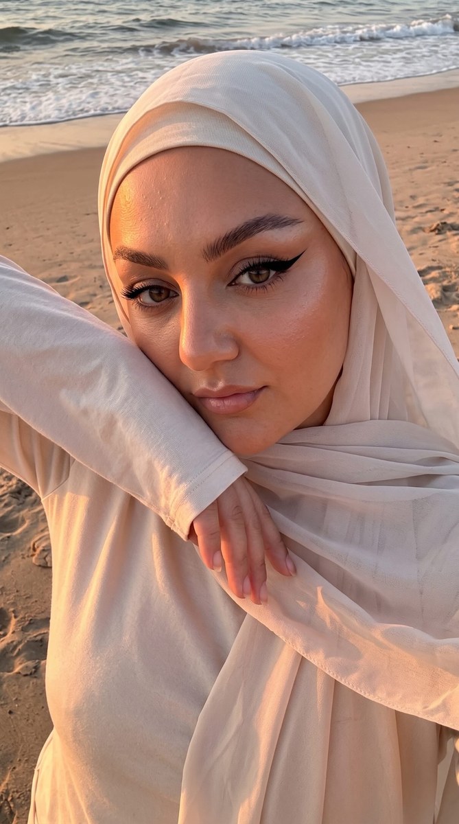 Romantic Sunset Beach Portrait in a Light Hijab output 2