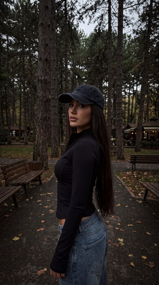 Dark Autumn Pine-Park Fashion Portrait